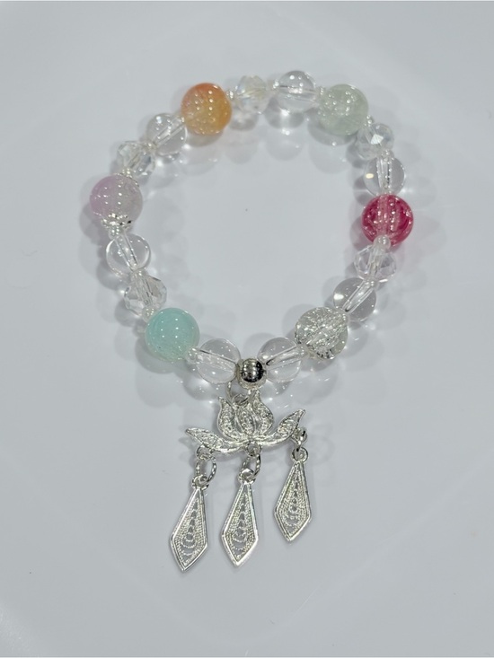 Handmade Jewelry - Pastel Beaded Bracelet with Lotus Charm Gift Wellness Jewelry